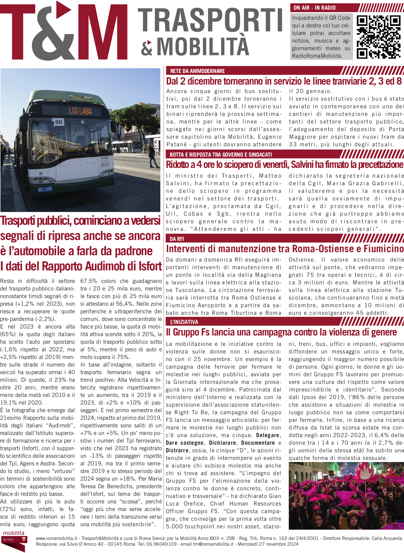 Trasporti pubblici, cominciano a vedersi segnali di ripresa anche se ancora è l’automobile a farla da padrone  I dati del Rapporto Audimob di Isfort