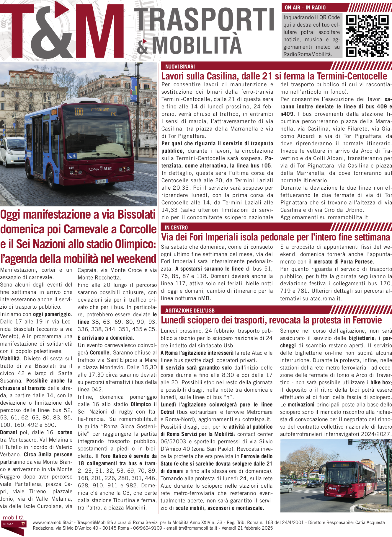 Oggi manifestazione a via Bissolati domenica poi Carnevale a Corcolle e il Sei Nazioni allo stadio Olimpico: l’agenda della mobilità nel weekend