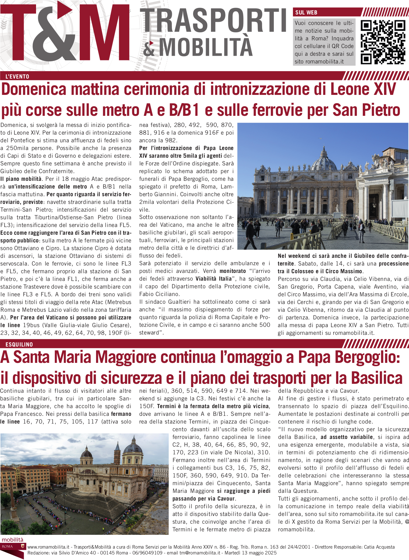 Domenica mattina cerimonia di intronizzazione di Leone XIV più corse sulle metro A e B/B1 e sulle ferrovie per San Pietro