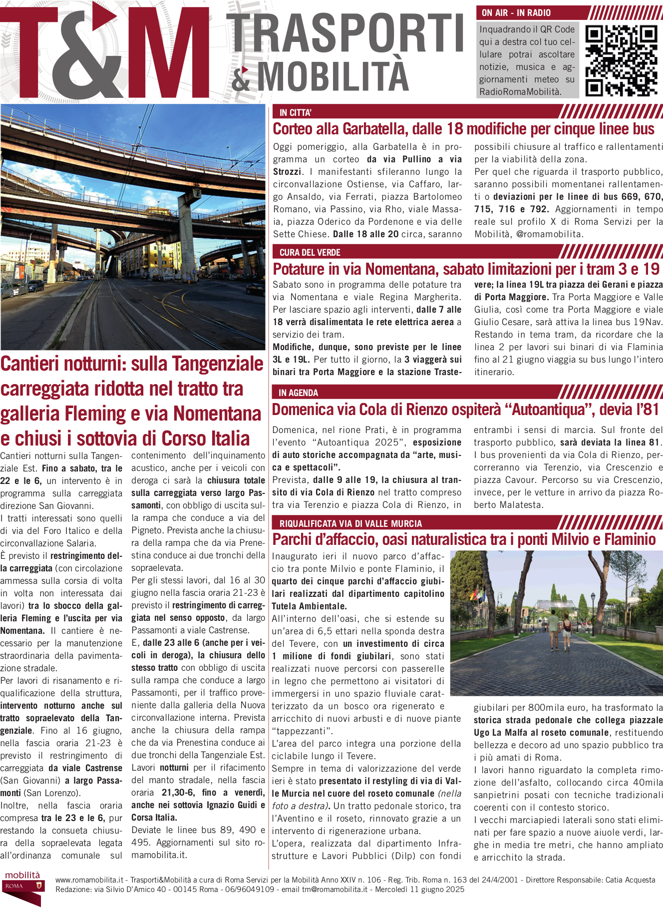 Cantieri notturni: sulla Tangenziale carreggiata ridotta nel tratto tra galleria Fleming e via Nomentana e chiusi i sottovia di Corso Italia