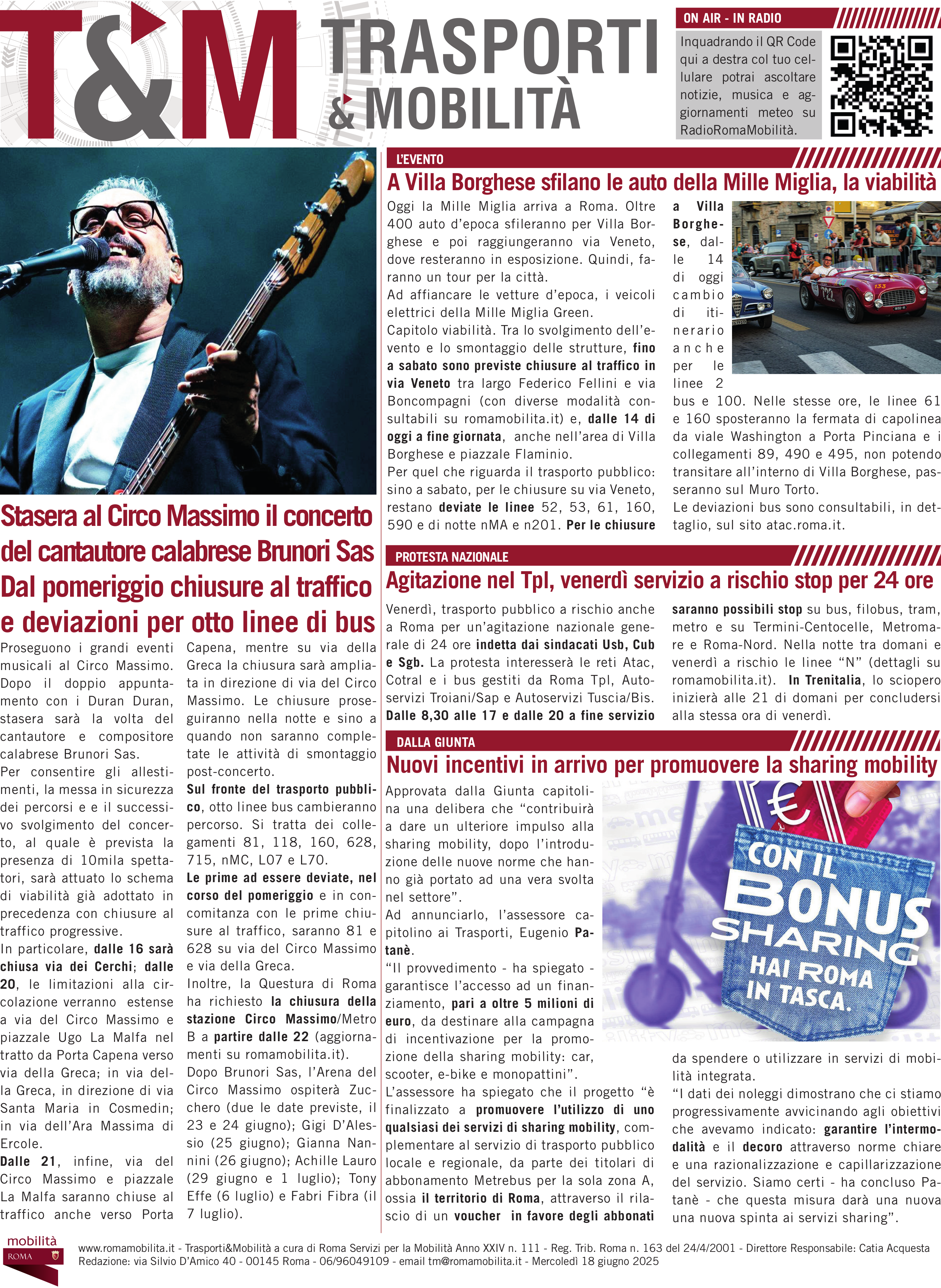 Stasera Brunori Sas al Circo Massimo: chiusure stradali e deviazioni bus