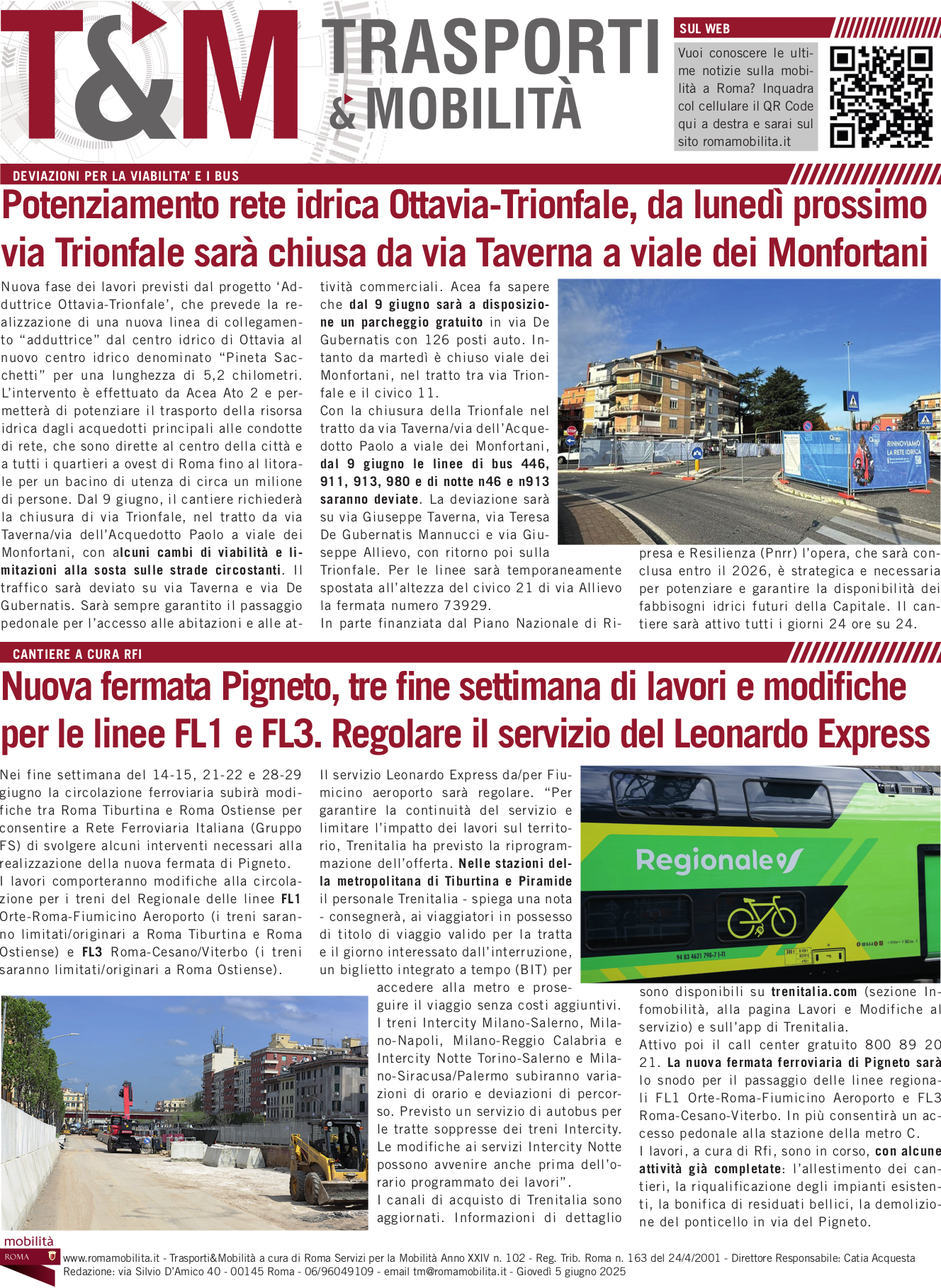 Potenziamento rete idrica Ottavia-Trionfale, da lunedì prossimo via Trionfale sarà chiusa da via Taverna a viale dei Monfortani