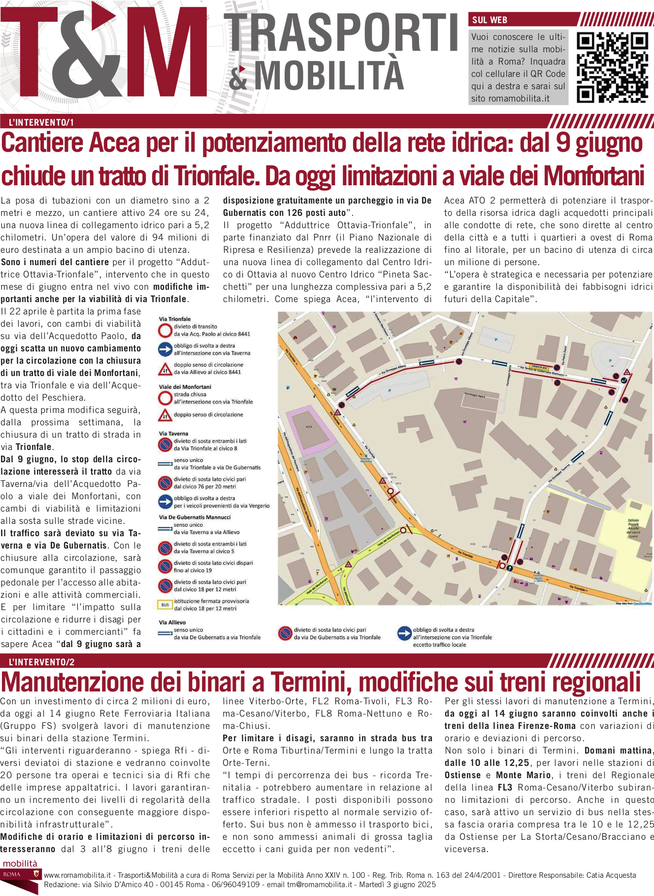 Cantiere Acea per il potenziamento della rete idrica: dal 9 giugno chiude un tratto di Trionfale. Da oggi limitazioni a viale dei Monfortani