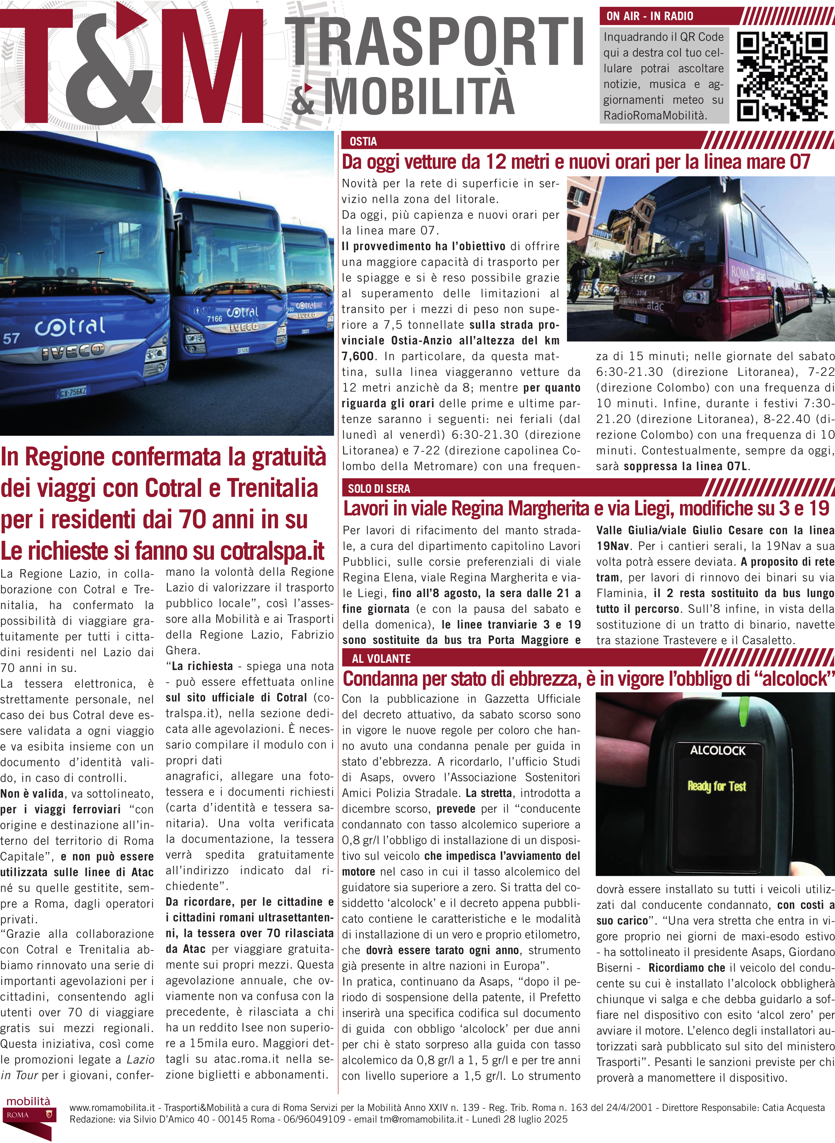 Confermata la gratuità per gli over 70 sui mezzi Cotral per muoversi nel Lazio