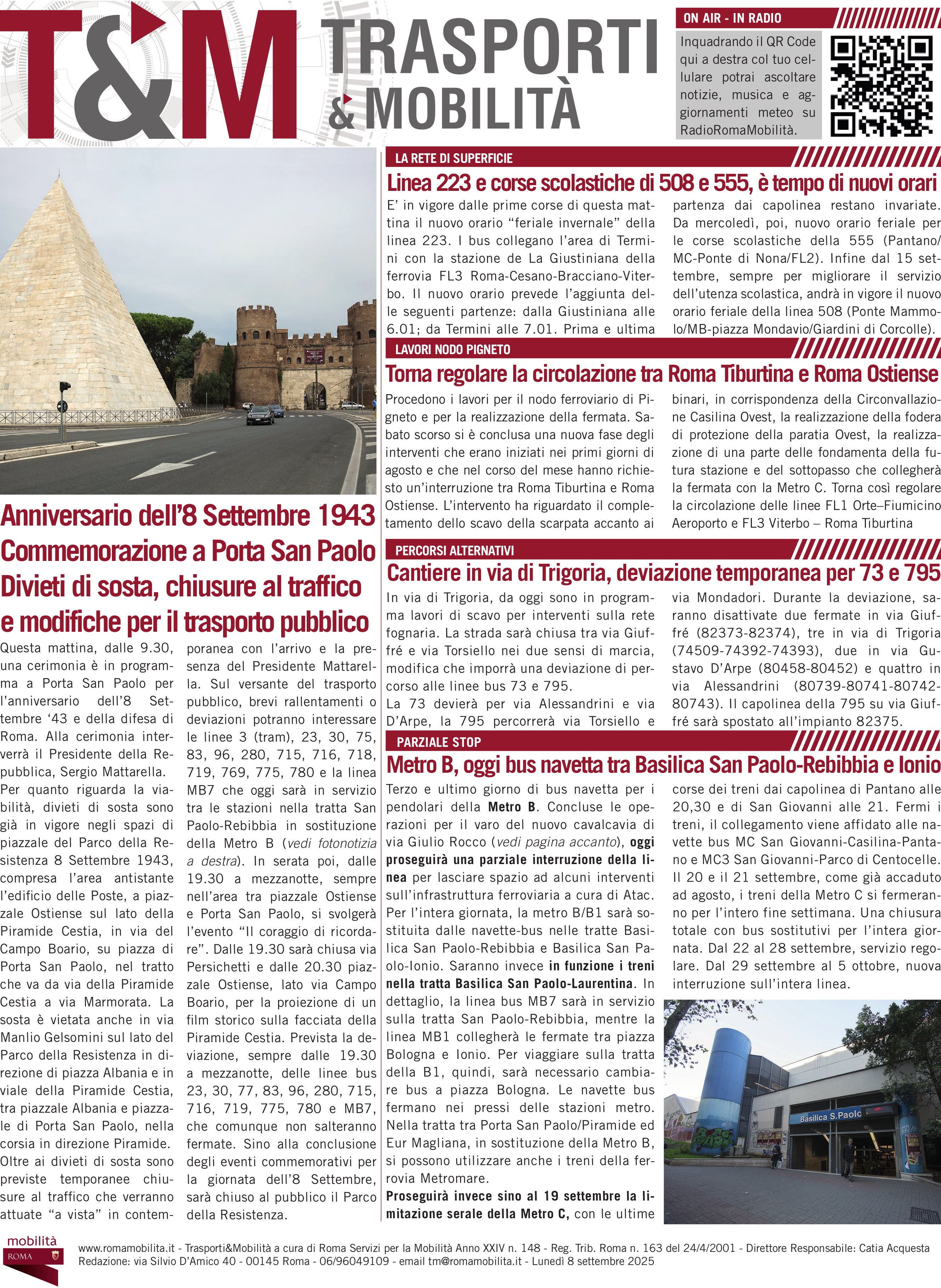 Anniversario dell'8 settembre, commemorazione a Porta S. Paolo: le modifiche alla viabilità