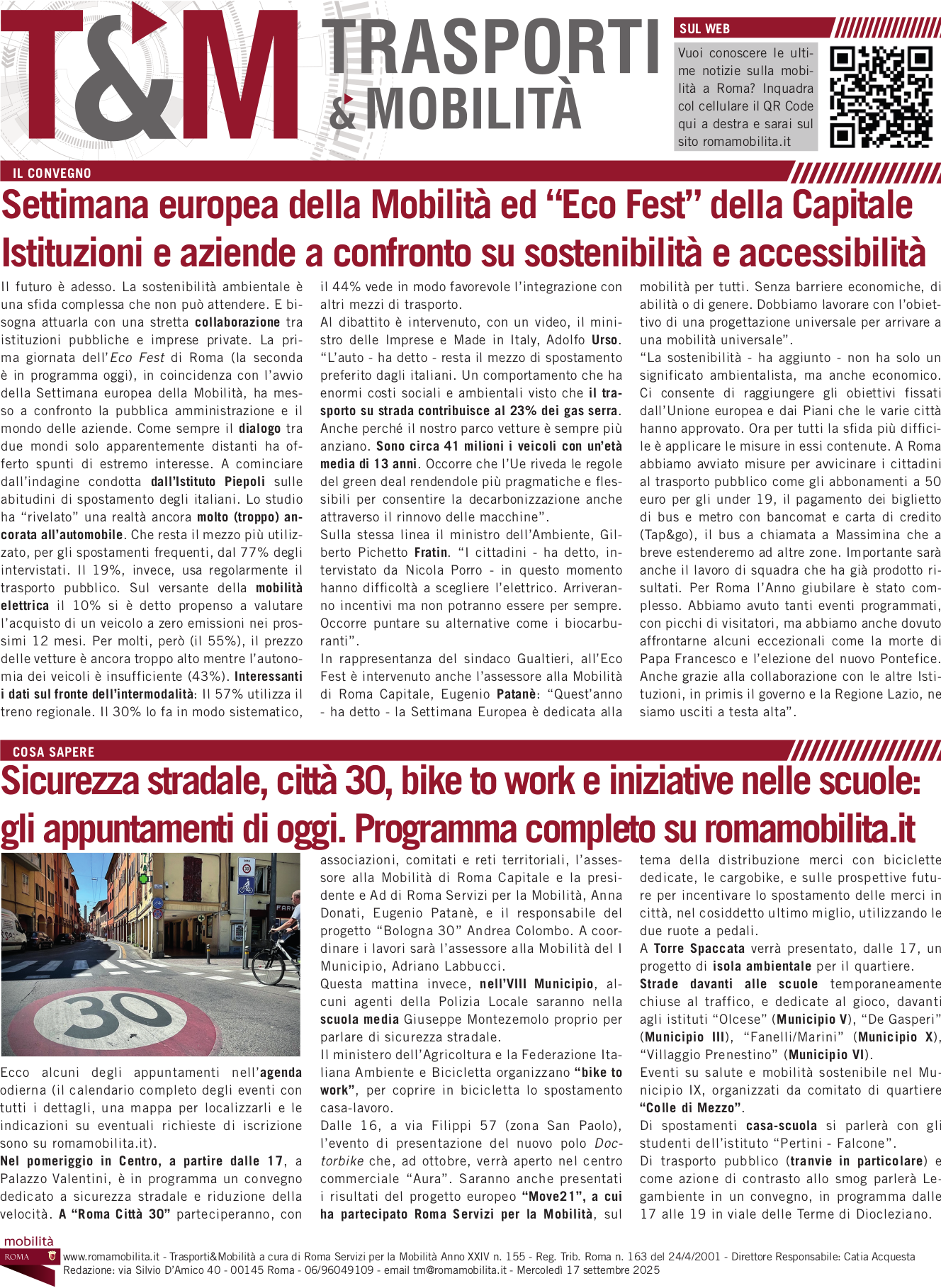 Settimana europea della Mobilità ed “Eco Fest” della Capitale Istituzioni e aziende a confronto su sostenibilità e accessibilità