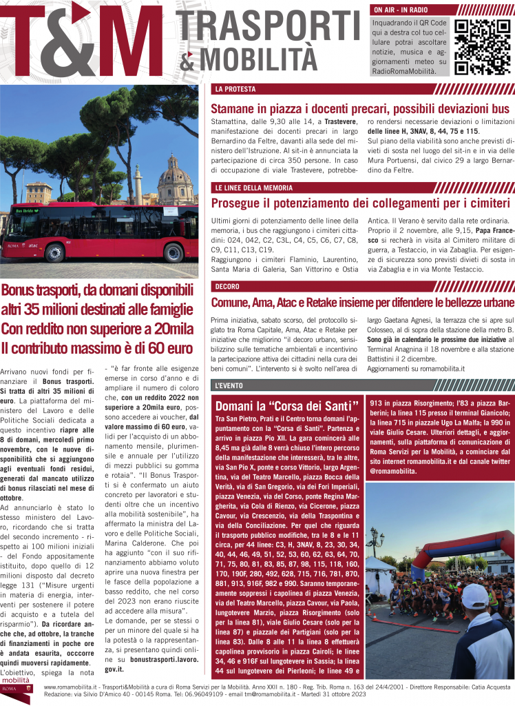 Bonus trasporti, da domani disponibili altri 35 milioni per le famiglie a basso reddito