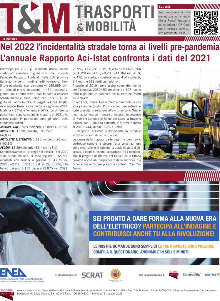 Nel 2022 l’incidentalità stradale torna ai livelli pre-pandemia L’annuale Rapporto Aci-Istat confronta i dati del 2021