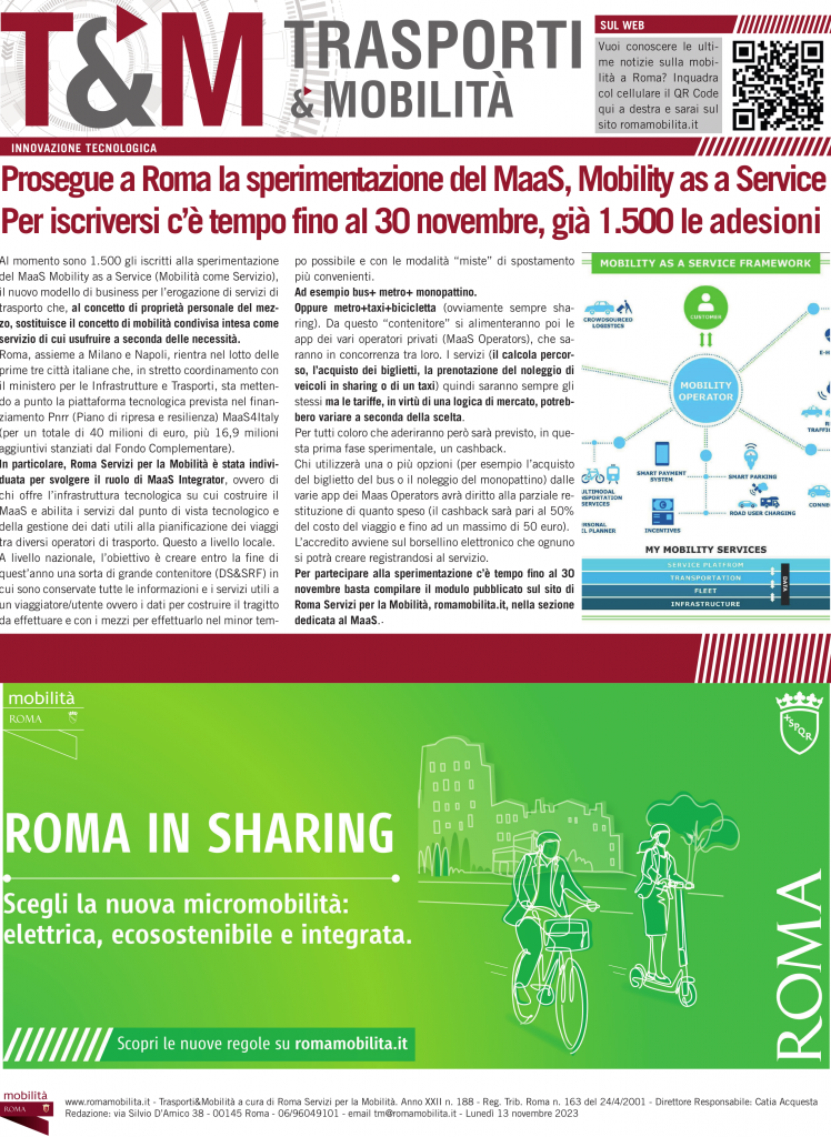 Prosegue a Roma la sperimentazione del MaaS fino al 30 novembre