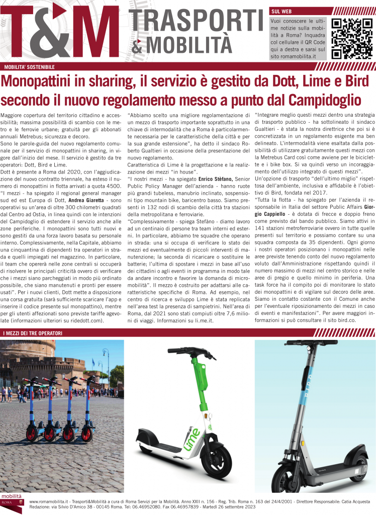 Monopattini in sharing, il servizio è gestito da Dott, Lime e Bird secondo il nuovo regolamento messo a punto dal Campidoglio