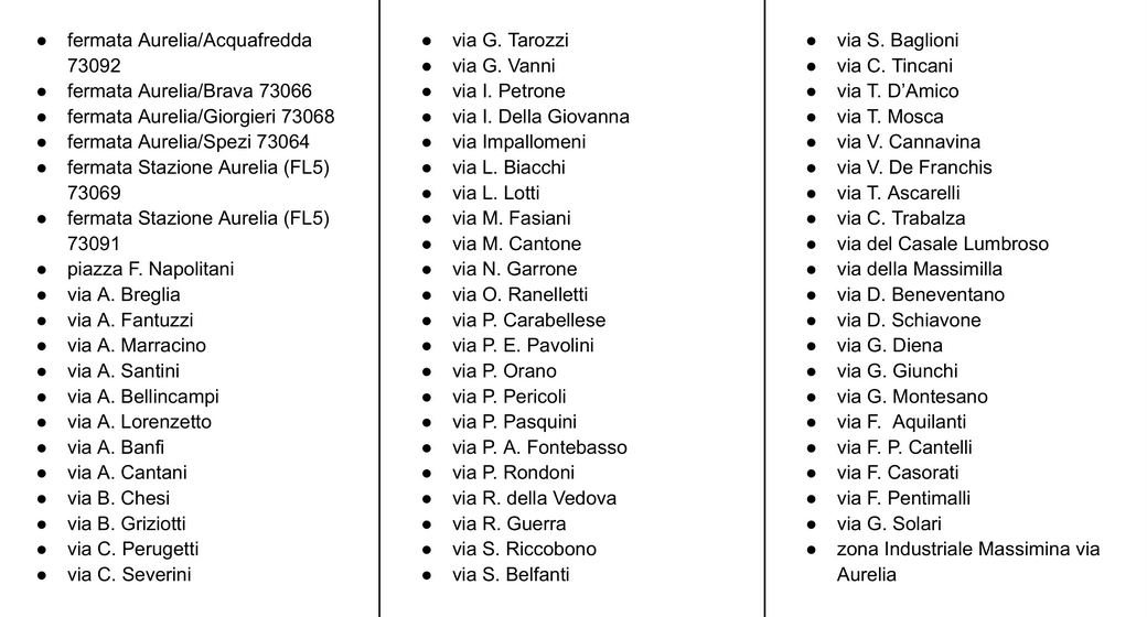 elenco strade del servizio pubblico