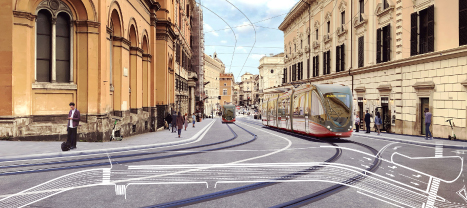 Render di una strada del centro di Roma con i tram della linea TVA