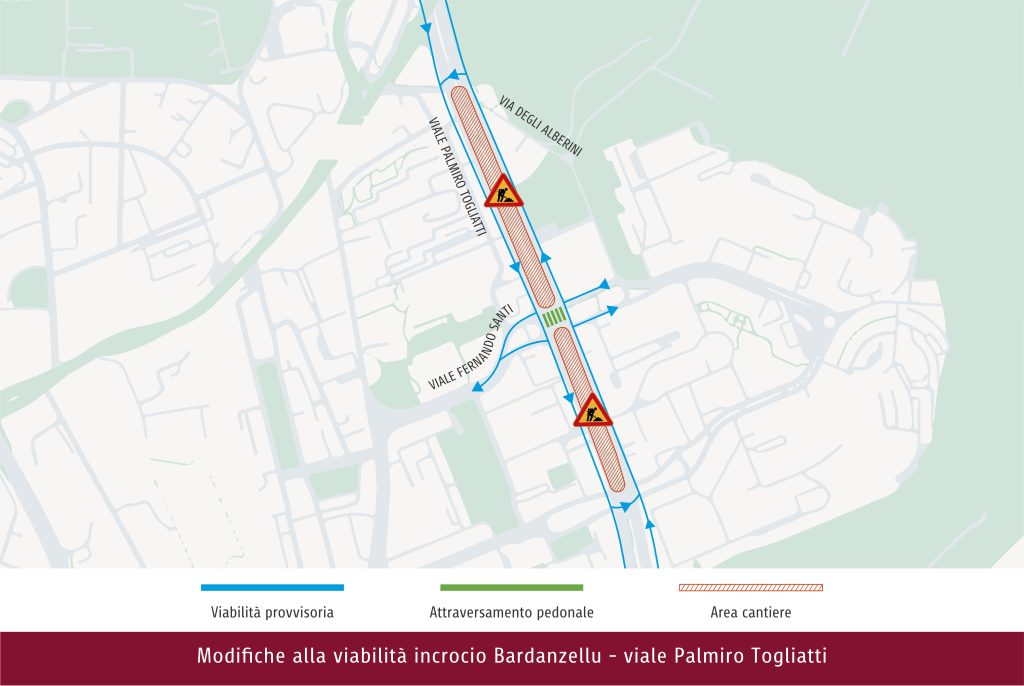 Lavori tramvia Togliatti, modifiche alla viabilità e ai percorsi bus altezza viale Bardanzellu 1 Sito Mappa viabilita╠C Bardanzellu Togliatti RMS